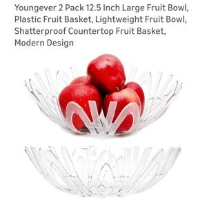 Youngever 2 Pack 12.5 Inch Clear Plastic Fruit Bowl Modern Shatterproof Basket